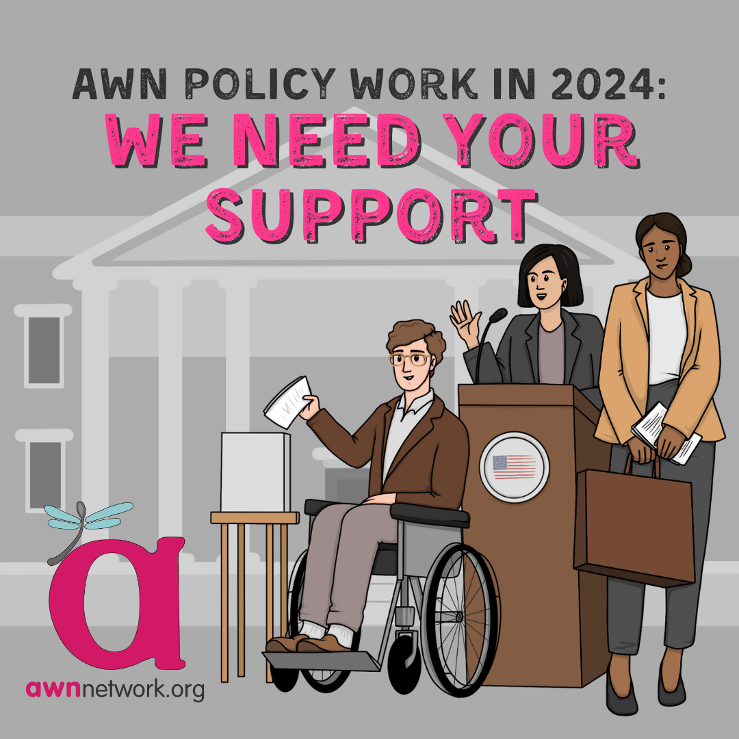 Graphic with text. "AWN Policy Work in 2024: We Need Your Support." Images of 3 