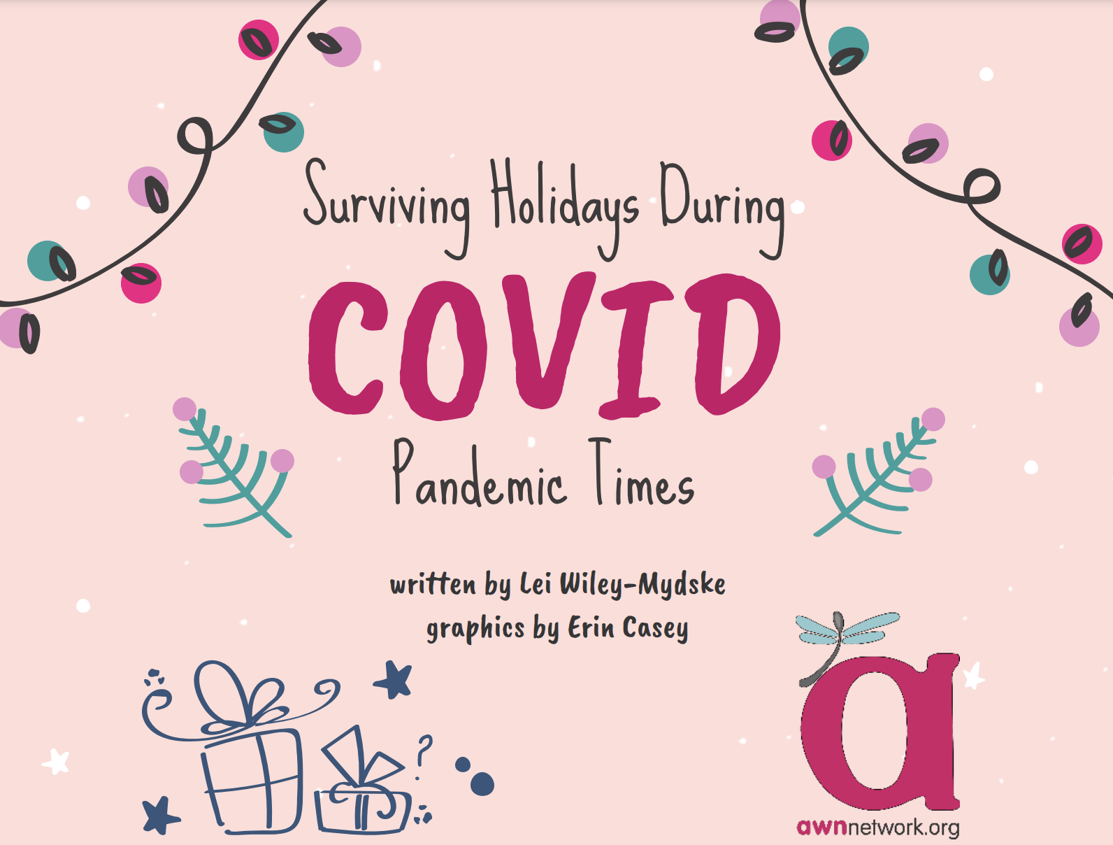 holiday colored lights and decorated pine trees with wrapped presents on pink background. text reads Surviving Holiays During COVID Pandemic Times written by Lei Wiley-Mydske graphics by Erin Casey