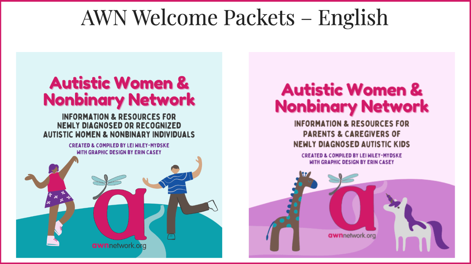 AWN Welcome Packets – English. Left image has illustration of 2 dancing people with text 