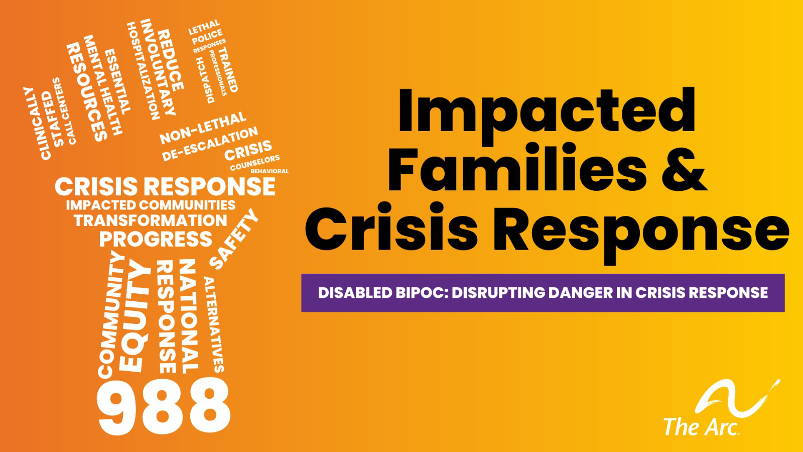 orange background with The Arc logo with a fist made out of a word cloud, including the number 988. Black text reads Impacted Families & Crisis Response, Disabled BIPoC: Disrupting Danger in Crisis Response